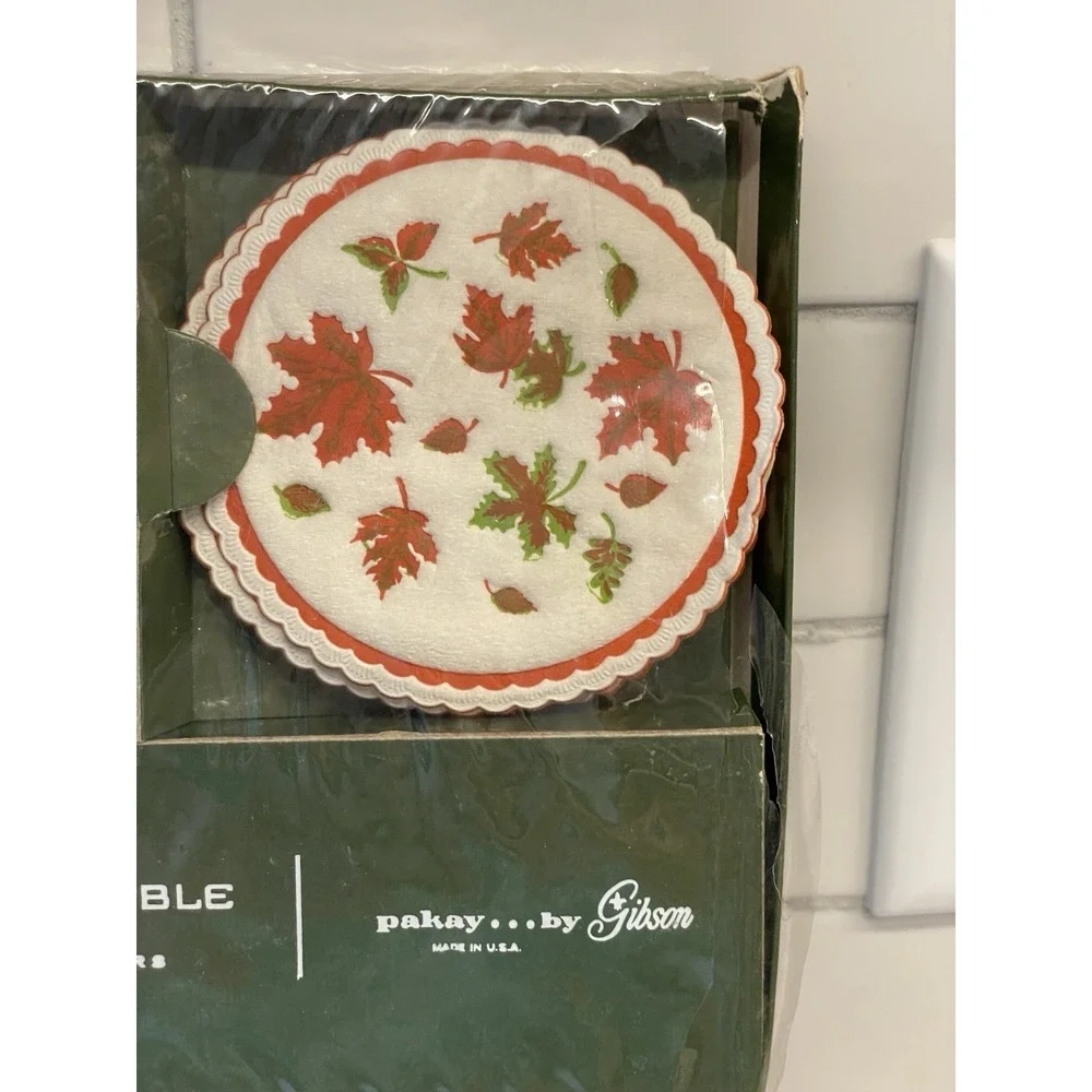 Vintage Luncheon Napkin Coaster Set Autumn Fall Leaves Event Entertain‎ MCM Dine